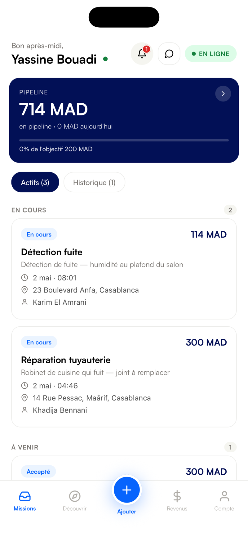 Application Koulna Partner — tableau de bord des missions et des gains pour les pros au Maroc